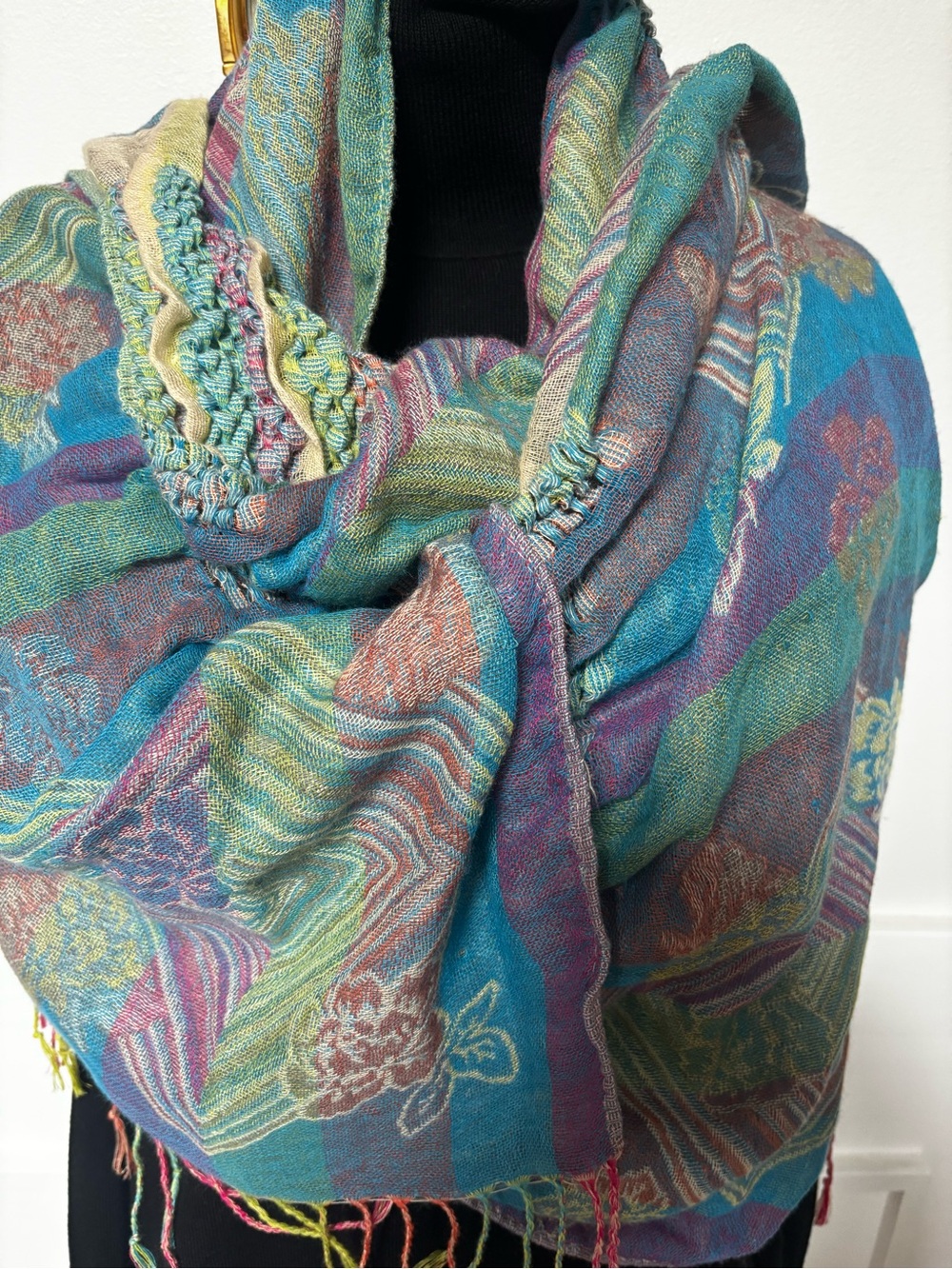 Multicolor Floral Woven Scarf - Lightweight woven boho-style long scarf or shawl